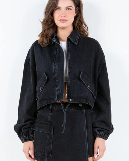 American Bazi Drawstring Waist Crop Denim Jacket - THE AMERICAN BLUE
