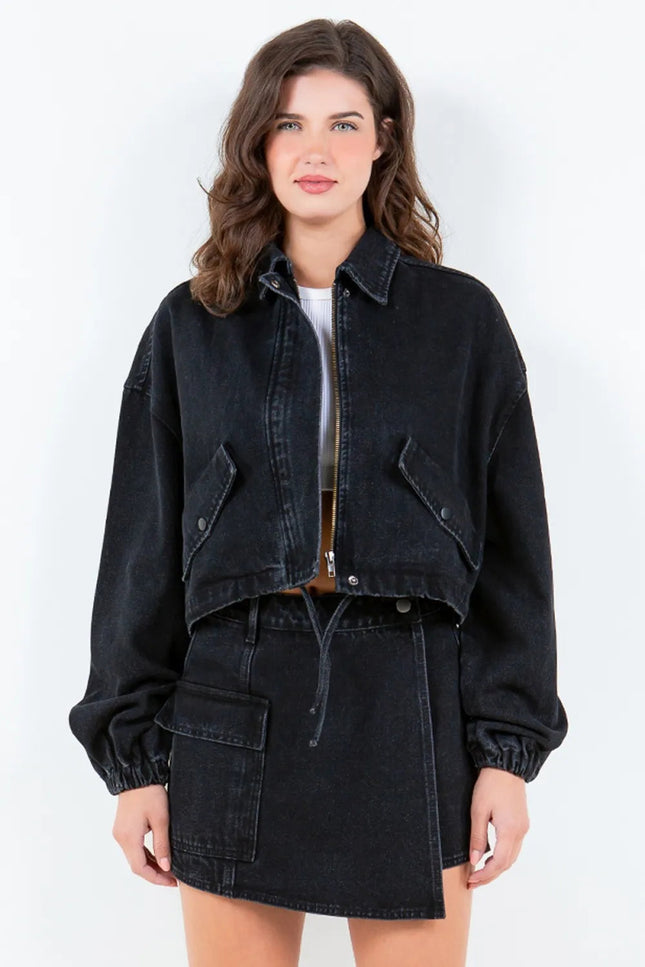 American Bazi Drawstring Waist Crop Denim Jacket - THE AMERICAN BLUE