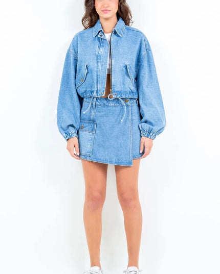 American Bazi Drawstring Waist Crop Denim Jacket - THE AMERICAN BLUE