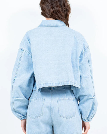 American Bazi Drawstring Waist Crop Denim Jacket - THE AMERICAN BLUE