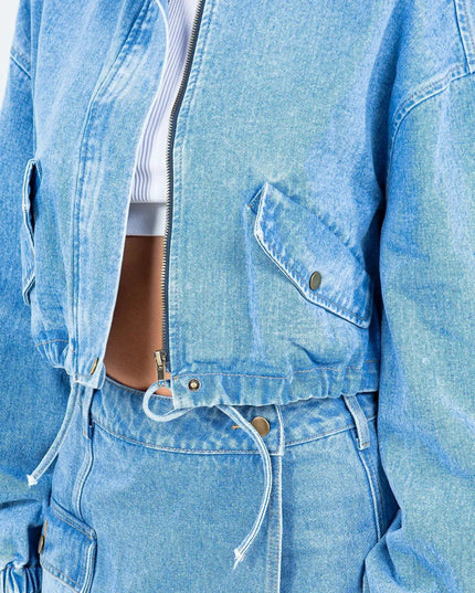 American Bazi Drawstring Waist Crop Denim Jacket - THE AMERICAN BLUE