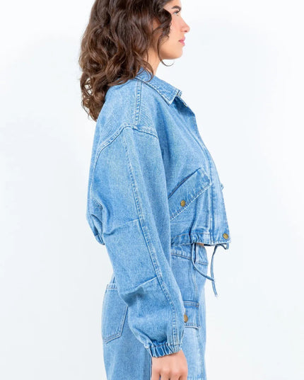 American Bazi Drawstring Waist Crop Denim Jacket - THE AMERICAN BLUE
