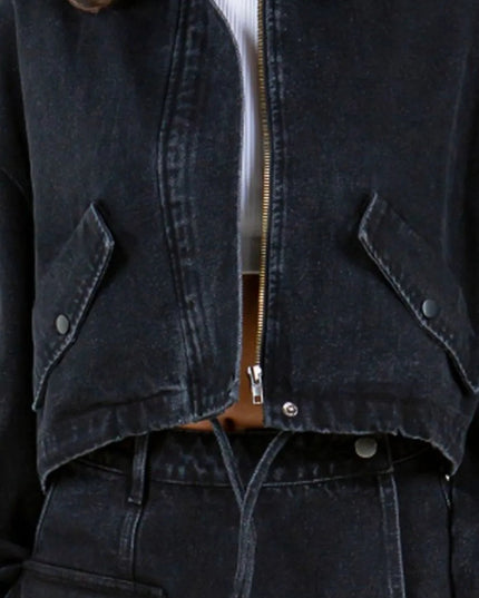 American Bazi Drawstring Waist Crop Denim Jacket - THE AMERICAN BLUE