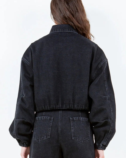 American Bazi Drawstring Waist Crop Denim Jacket - THE AMERICAN BLUE