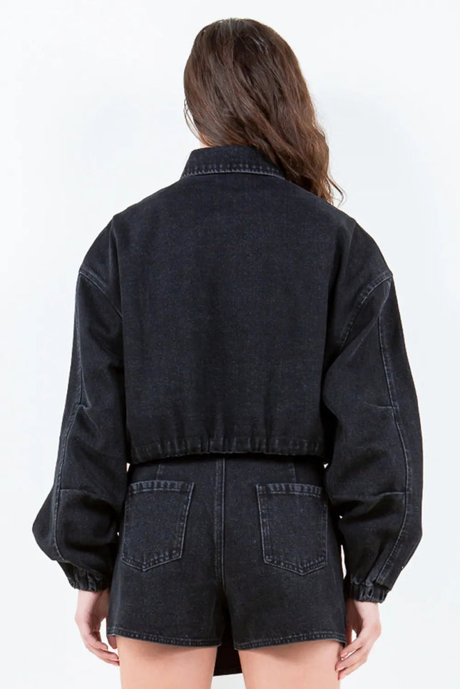 American Bazi Drawstring Waist Crop Denim Jacket - THE AMERICAN BLUE