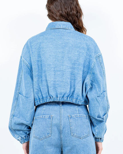 American Bazi Drawstring Waist Crop Denim Jacket - THE AMERICAN BLUE