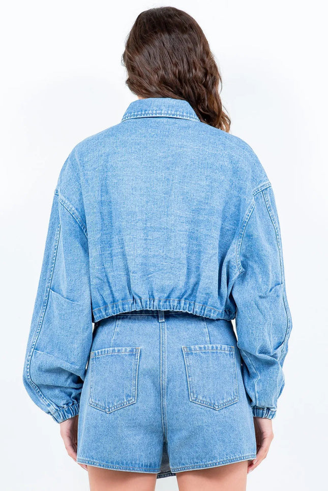 American Bazi Drawstring Waist Crop Denim Jacket - THE AMERICAN BLUE