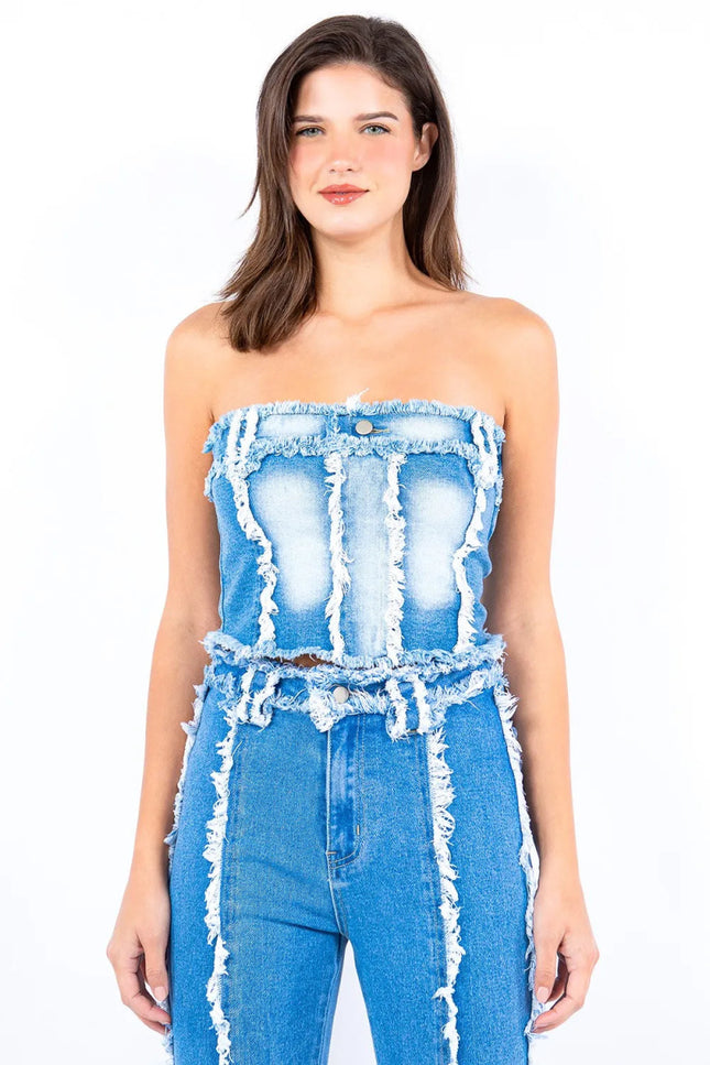 American Bazi Frayed Edge Denim Corset Top - THE AMERICAN BLUE