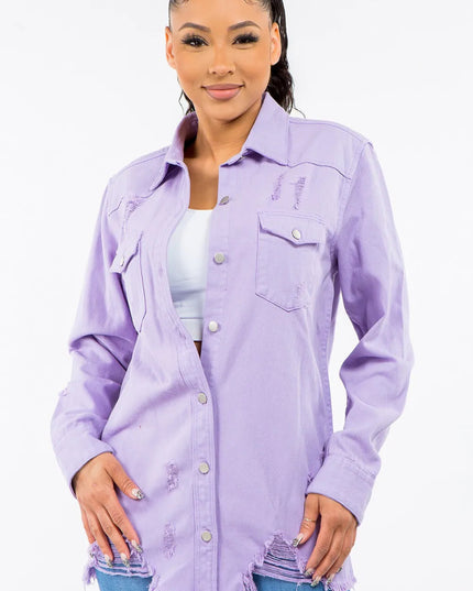 American Bazi Frayed Hem Distressed Denim Jacket - THE AMERICAN BLUE