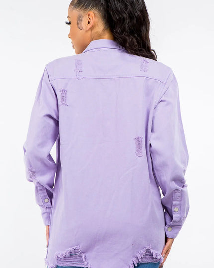 American Bazi Frayed Hem Distressed Denim Jacket - THE AMERICAN BLUE