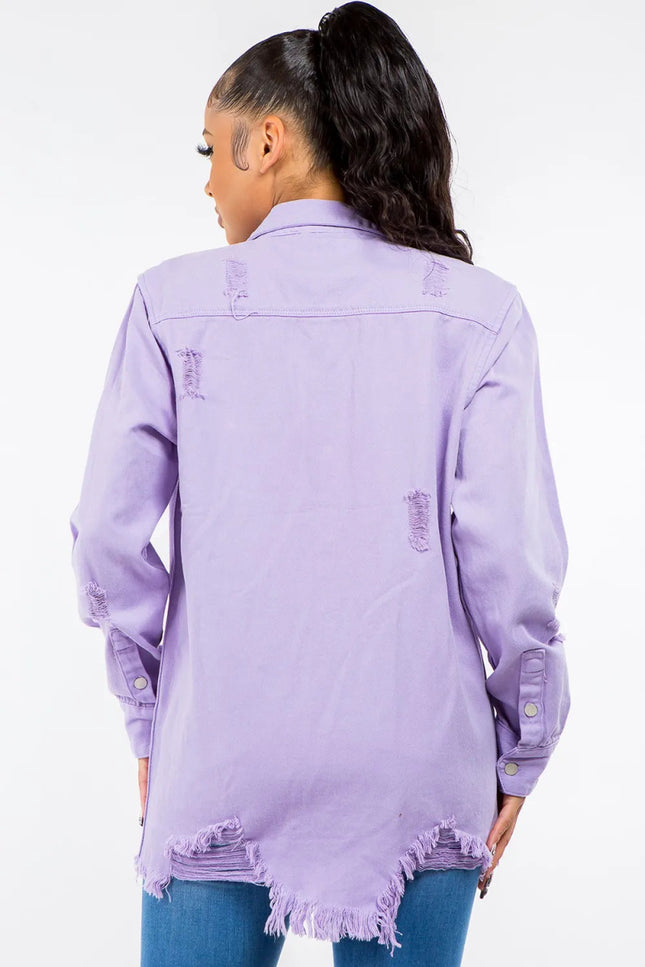 American Bazi Frayed Hem Distressed Denim Jacket - THE AMERICAN BLUE