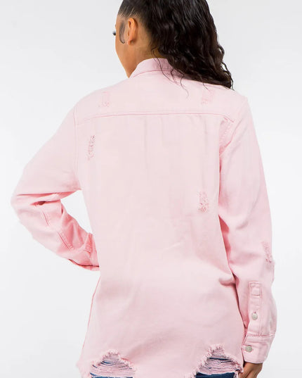 American Bazi Frayed Hem Distressed Denim Jacket - THE AMERICAN BLUE