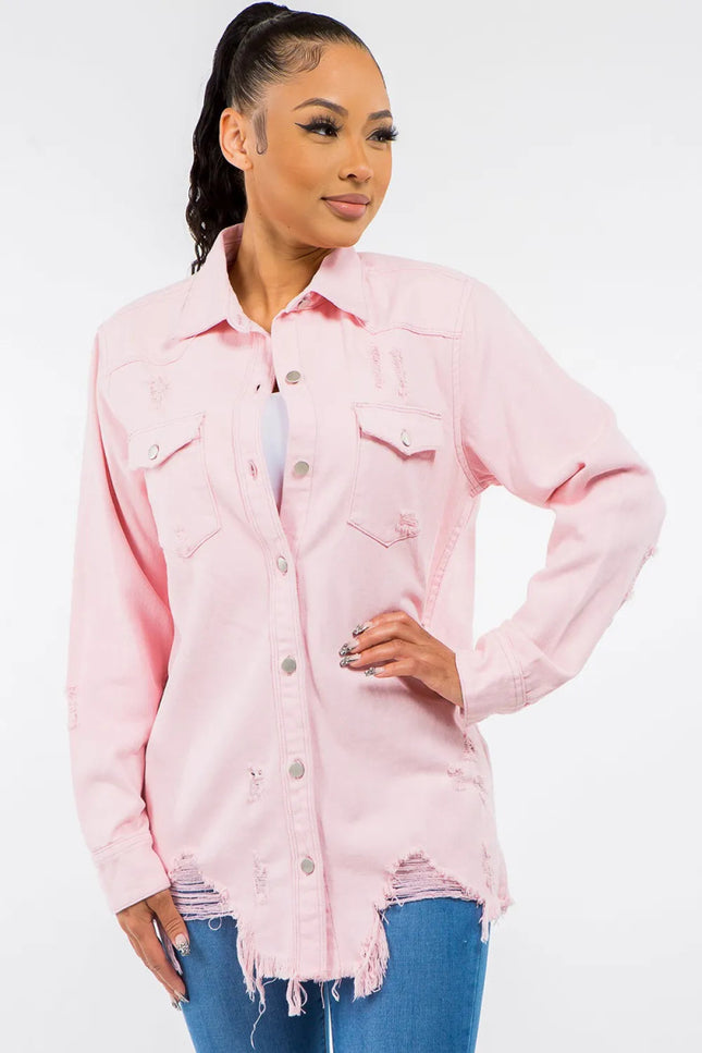 American Bazi Frayed Hem Distressed Denim Jacket - THE AMERICAN BLUE