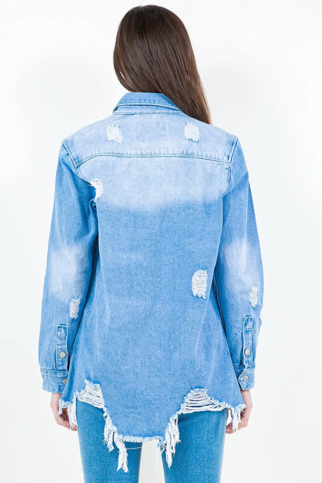 American Bazi Frayed Hem Distressed Denim Shirt Jacket - THE AMERICAN BLUE