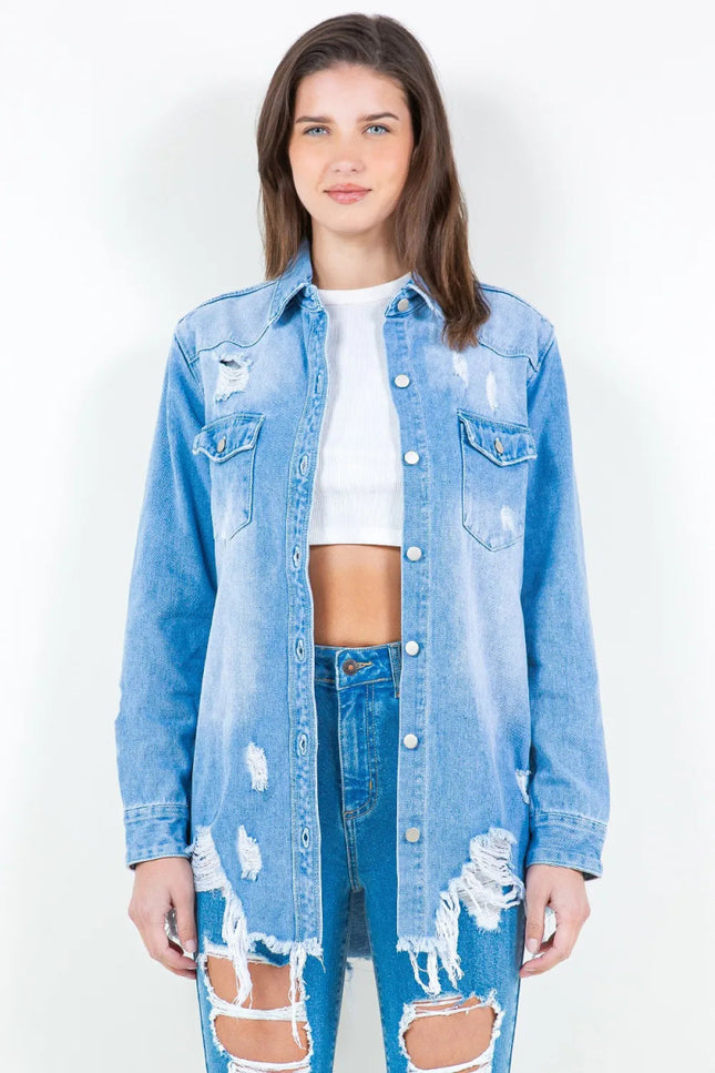 American Bazi Frayed Hem Distressed Denim Shirt Jacket - THE AMERICAN BLUE