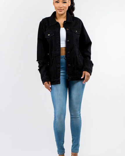 American Bazi Full Size Button Up Distressed Denim Jacket - THE AMERICAN BLUE
