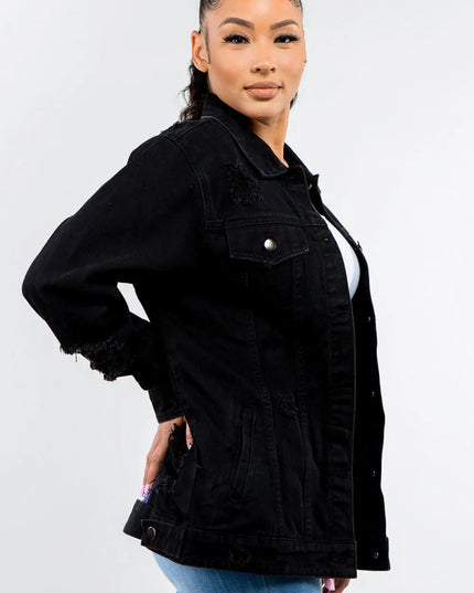 American Bazi Full Size Button Up Distressed Denim Jacket - THE AMERICAN BLUE