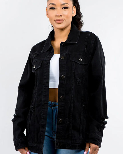 American Bazi Full Size Button Up Distressed Denim Jacket - THE AMERICAN BLUE