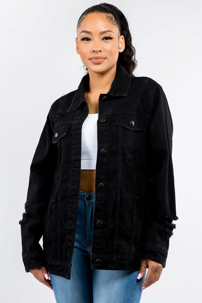 American Bazi Full Size Button Up Distressed Denim Jacket - THE AMERICAN BLUE