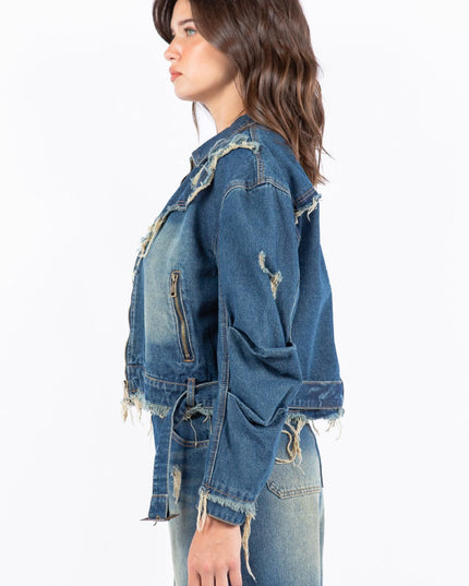 American Bazi Full Size Distressed Frayed Edge Zip Up Denim Jacket Plus Size - THE AMERICAN BLUE