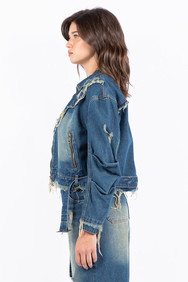 American Bazi Full Size Distressed Frayed Edge Zip Up Denim Jacket Plus Size - THE AMERICAN BLUE
