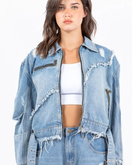 American Bazi Full Size Distressed Frayed Edge Zip Up Denim Jacket Plus Size - THE AMERICAN BLUE
