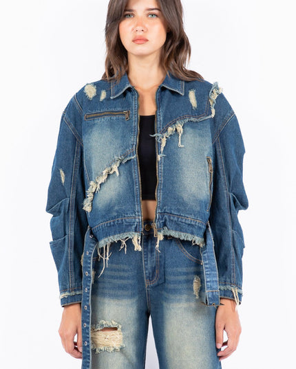American Bazi Full Size Distressed Frayed Edge Zip Up Denim Jacket Plus Size - THE AMERICAN BLUE