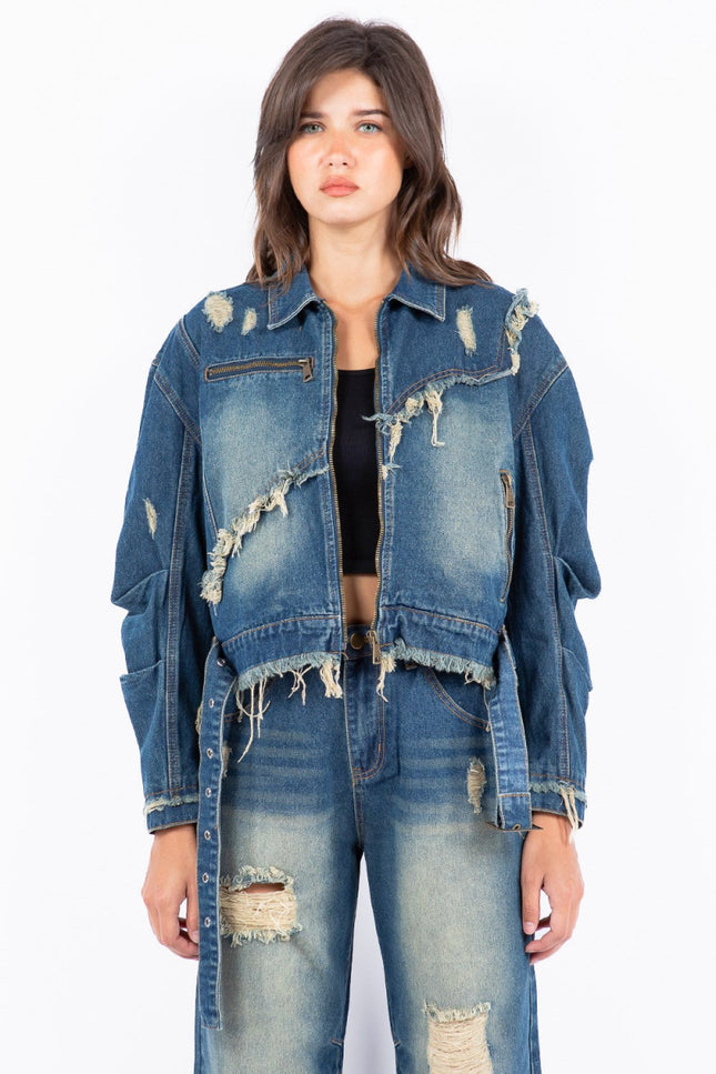 American Bazi Full Size Distressed Frayed Edge Zip Up Denim Jacket Plus Size - THE AMERICAN BLUE