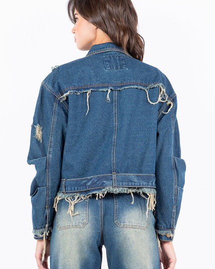 American Bazi Full Size Distressed Frayed Edge Zip Up Denim Jacket Plus Size - THE AMERICAN BLUE