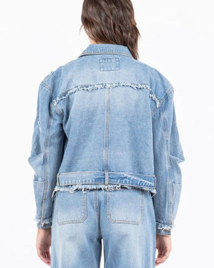 American Bazi Full Size Distressed Frayed Edge Zip Up Denim Jacket Plus Size - THE AMERICAN BLUE