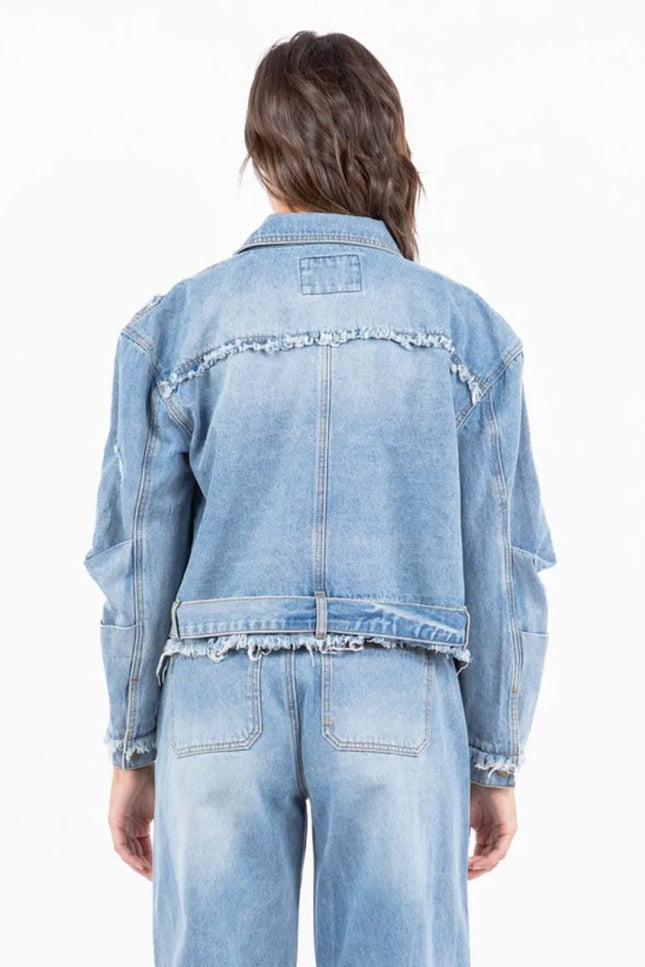 American Bazi Full Size Distressed Frayed Edge Zip Up Denim Jacket Plus Size - THE AMERICAN BLUE