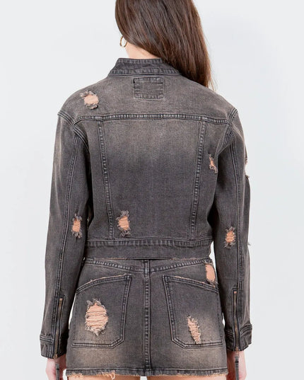 American Bazi Full Size Distressed Star Stud Trim Denim Rider Jacket Plus Size - THE AMERICAN BLUE