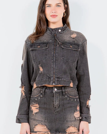 American Bazi Full Size Distressed Star Stud Trim Denim Rider Jacket Plus Size - THE AMERICAN BLUE