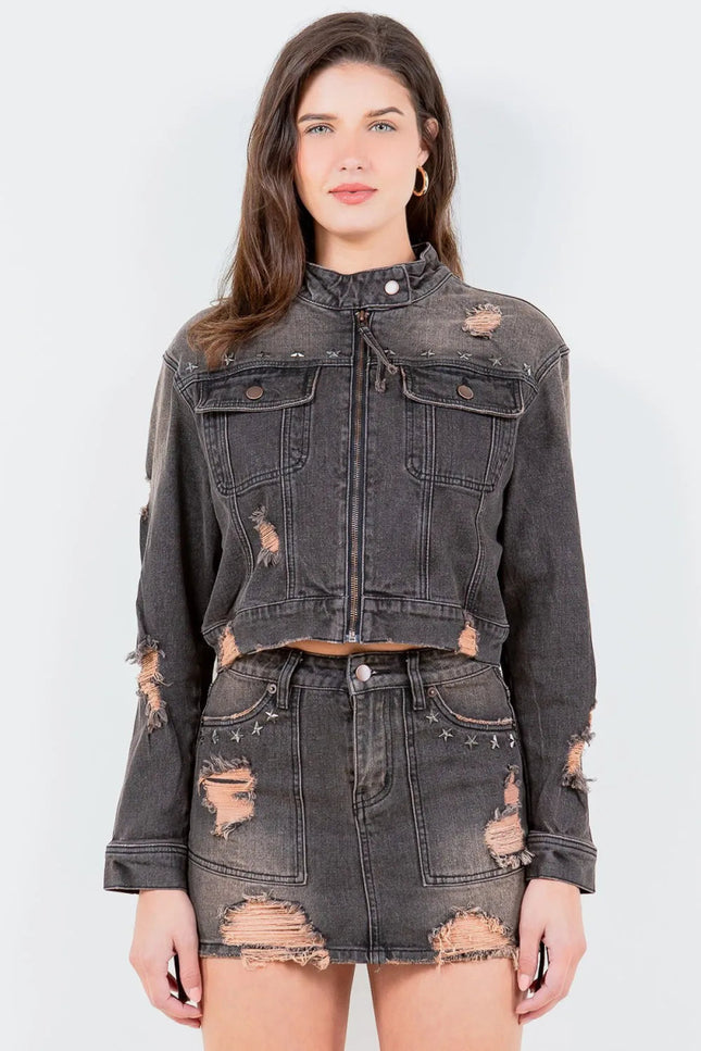 American Bazi Full Size Distressed Star Stud Trim Denim Rider Jacket Plus Size - THE AMERICAN BLUE