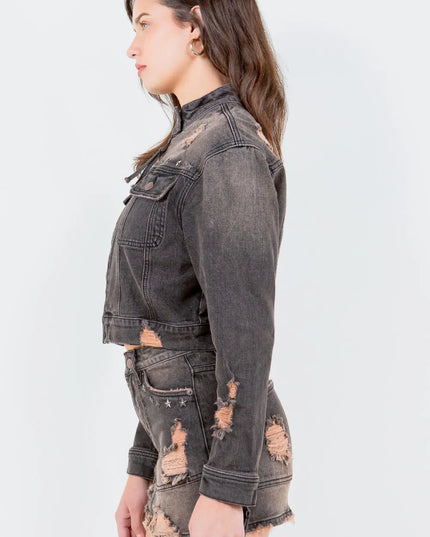 American Bazi Full Size Distressed Star Stud Trim Denim Rider Jacket Plus Size - THE AMERICAN BLUE