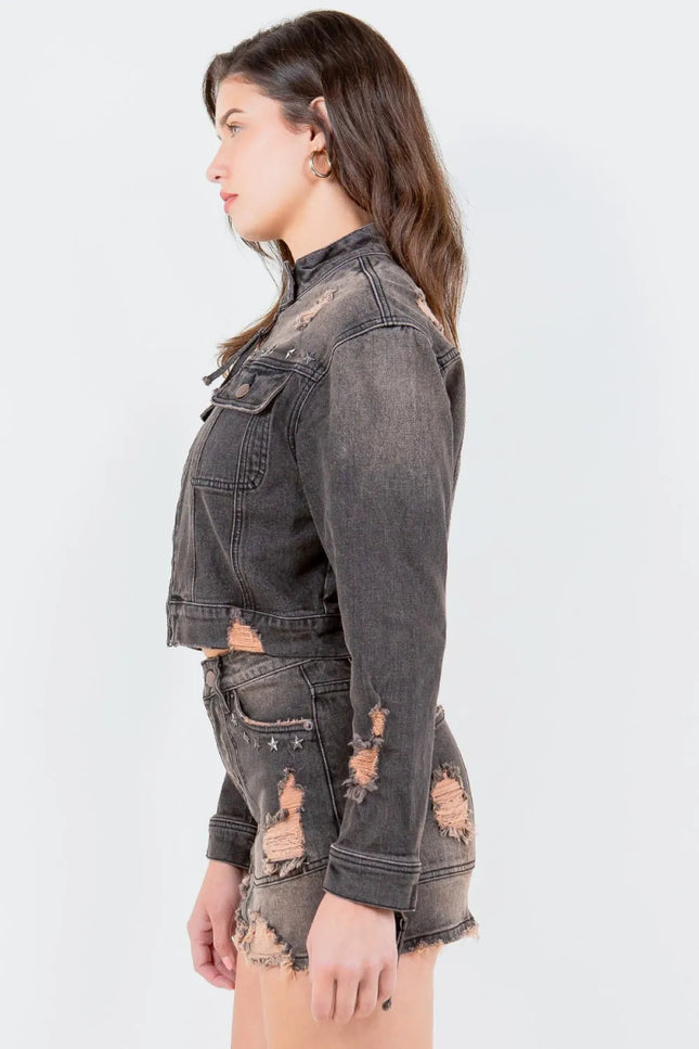 American Bazi Full Size Distressed Star Stud Trim Denim Rider Jacket Plus Size - THE AMERICAN BLUE