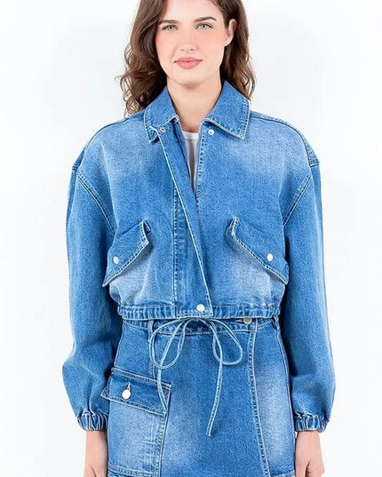 American Bazi Full Size Drop Shoulder Cropped Denim Jacket with Waist Strap Plus Size - THE AMERICAN BLUE