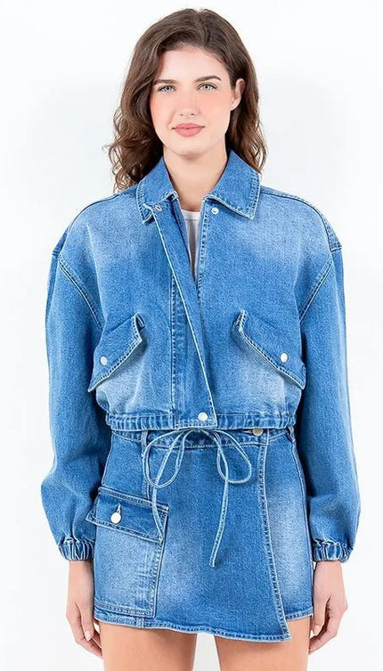 American Bazi Full Size Drop Shoulder Cropped Denim Jacket with Waist Strap Plus Size - THE AMERICAN BLUE
