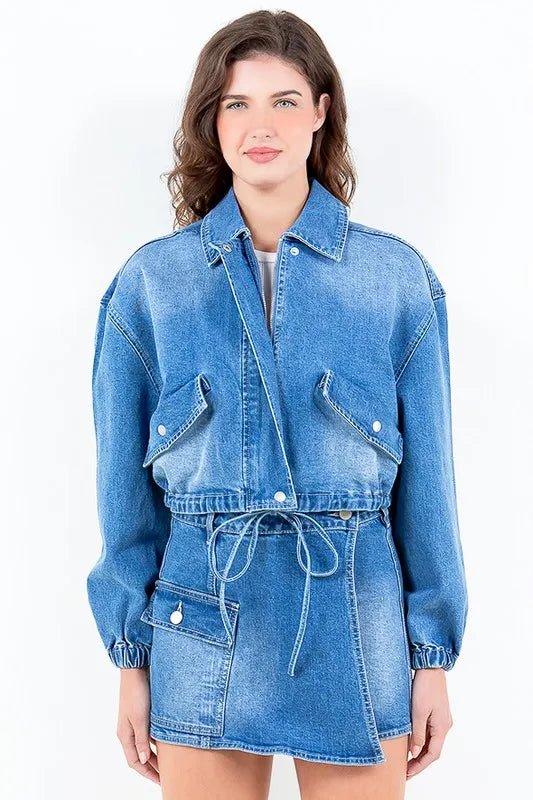 American Bazi Full Size Drop Shoulder Cropped Denim Jacket with Waist Strap Plus Size - THE AMERICAN BLUE