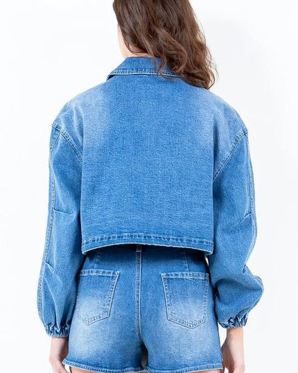 American Bazi Full Size Drop Shoulder Cropped Denim Jacket with Waist Strap Plus Size - THE AMERICAN BLUE