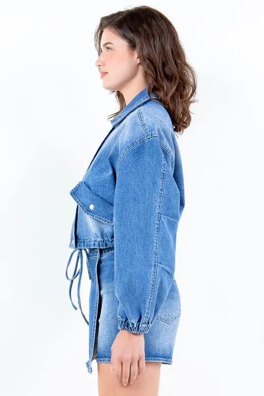 American Bazi Full Size Drop Shoulder Cropped Denim Jacket with Waist Strap Plus Size - THE AMERICAN BLUE