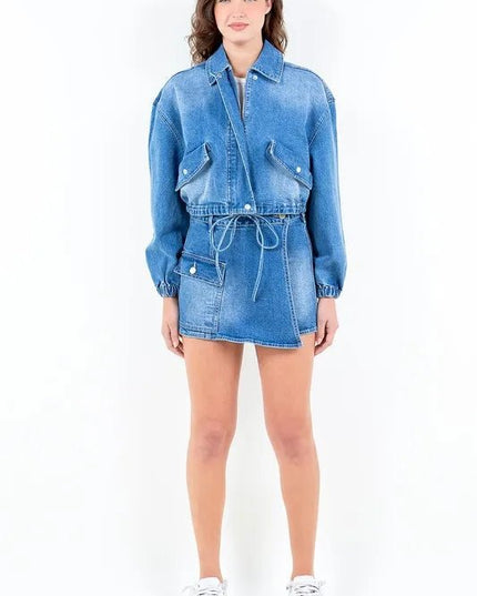 American Bazi Full Size Drop Shoulder Cropped Denim Jacket with Waist Strap Plus Size - THE AMERICAN BLUE