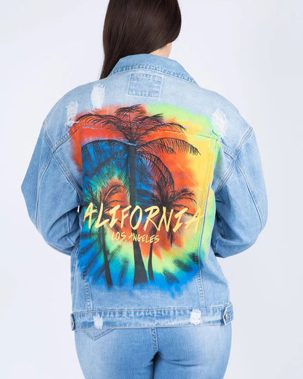 American Bazi Full Size Painted Back Distressed Denim Jacket - THE AMERICAN BLUE
