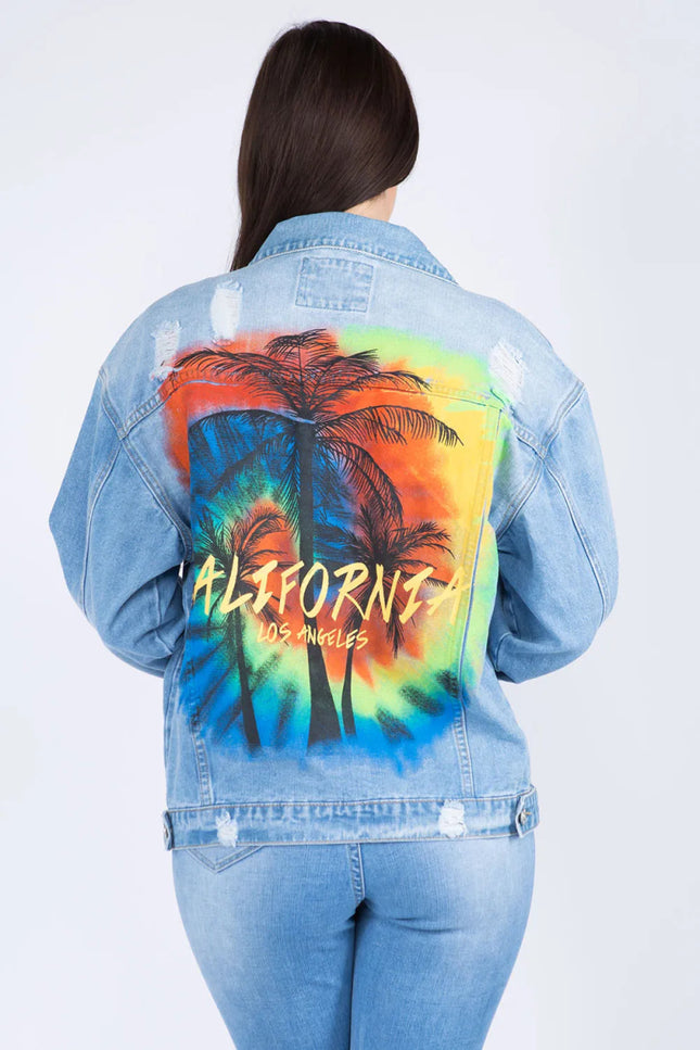 American Bazi Full Size Painted Back Distressed Denim Jacket - THE AMERICAN BLUE