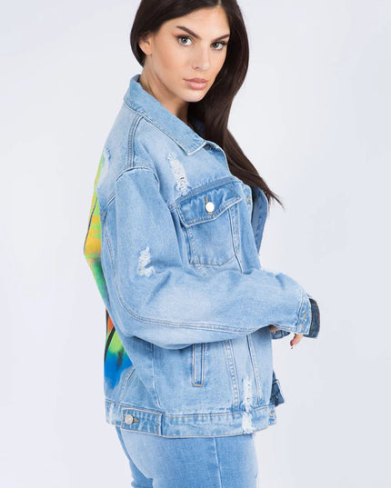 American Bazi Full Size Painted Back Distressed Denim Jacket - THE AMERICAN BLUE