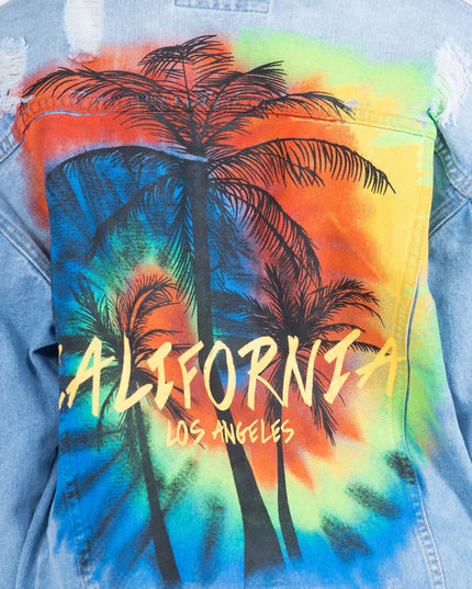 American Bazi Full Size Painted Back Distressed Denim Jacket - THE AMERICAN BLUE