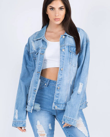 American Bazi Full Size Painted Back Distressed Denim Jacket - THE AMERICAN BLUE
