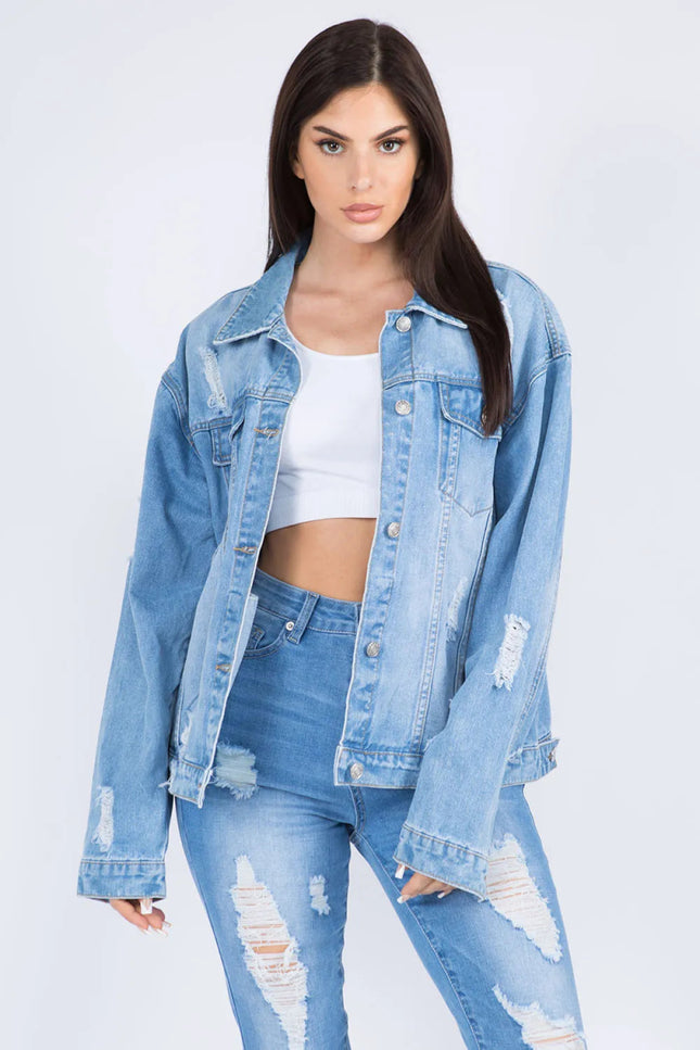 American Bazi Full Size Painted Back Distressed Denim Jacket - THE AMERICAN BLUE