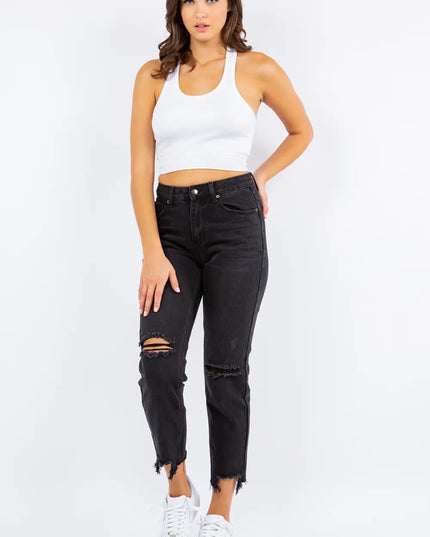 American Bazi High Waist Distressed Cropped Straight Jeans - THE AMERICAN BLUE