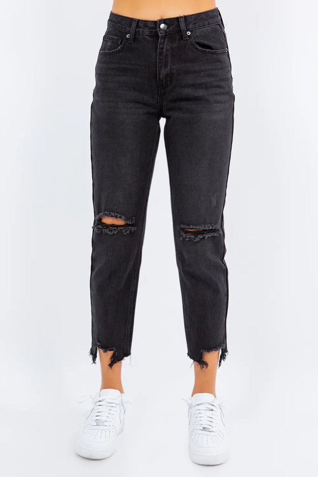 American Bazi High Waist Distressed Cropped Straight Jeans - THE AMERICAN BLUE